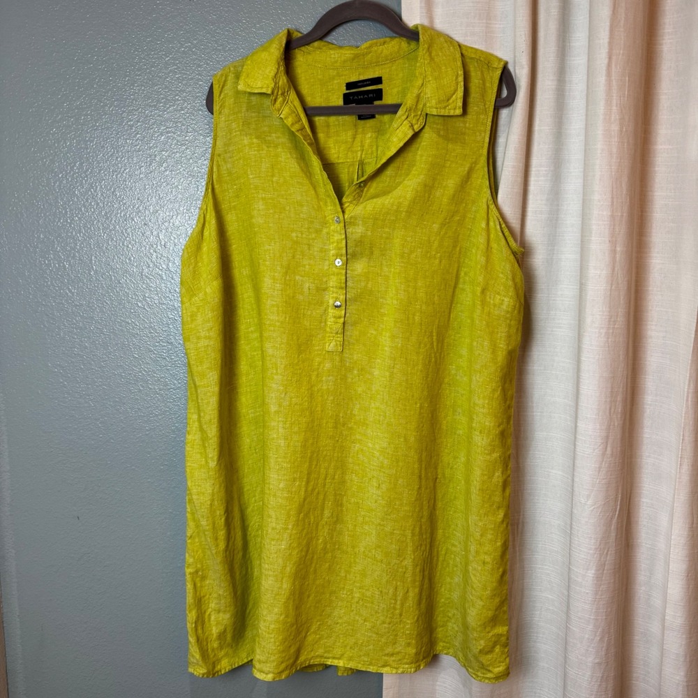 Tahari Tunic Women 2X Lime Green 100% Linen Sleeveless Collared Button Front Top